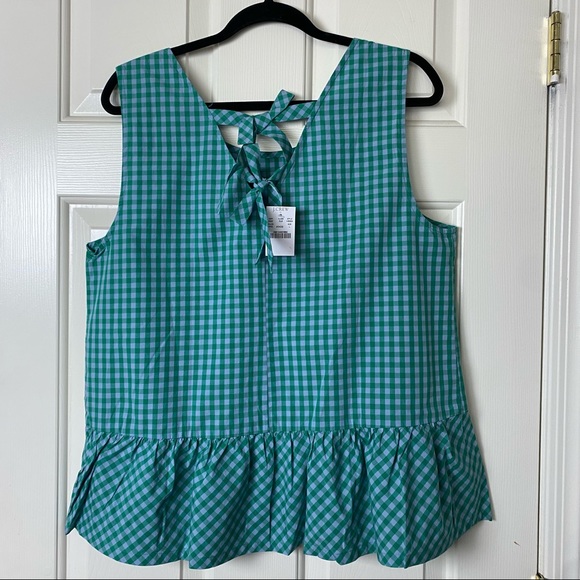 J Crew Printed Bow Back Peplum Tank Top Gingham Blue Green Size L NEW - Picture 3 of 9